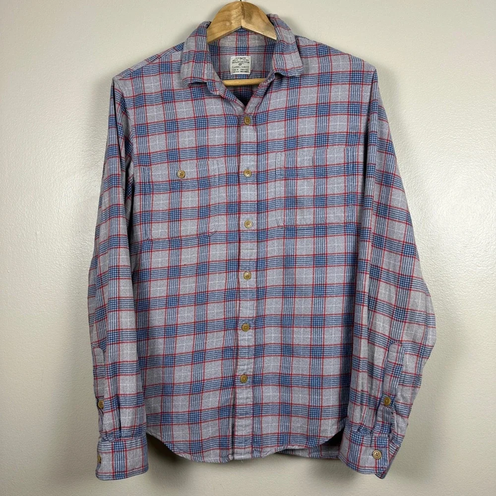 J. Crew Men's M Flannel Shirt Grey Blue Red Plaid Slim Fit Soft Vintage NEW
